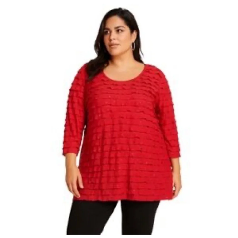 Catherines Shirt Womens 4X Red Ruffle Sparkle V Neck 3/4 Sleeve Flowy Casual
